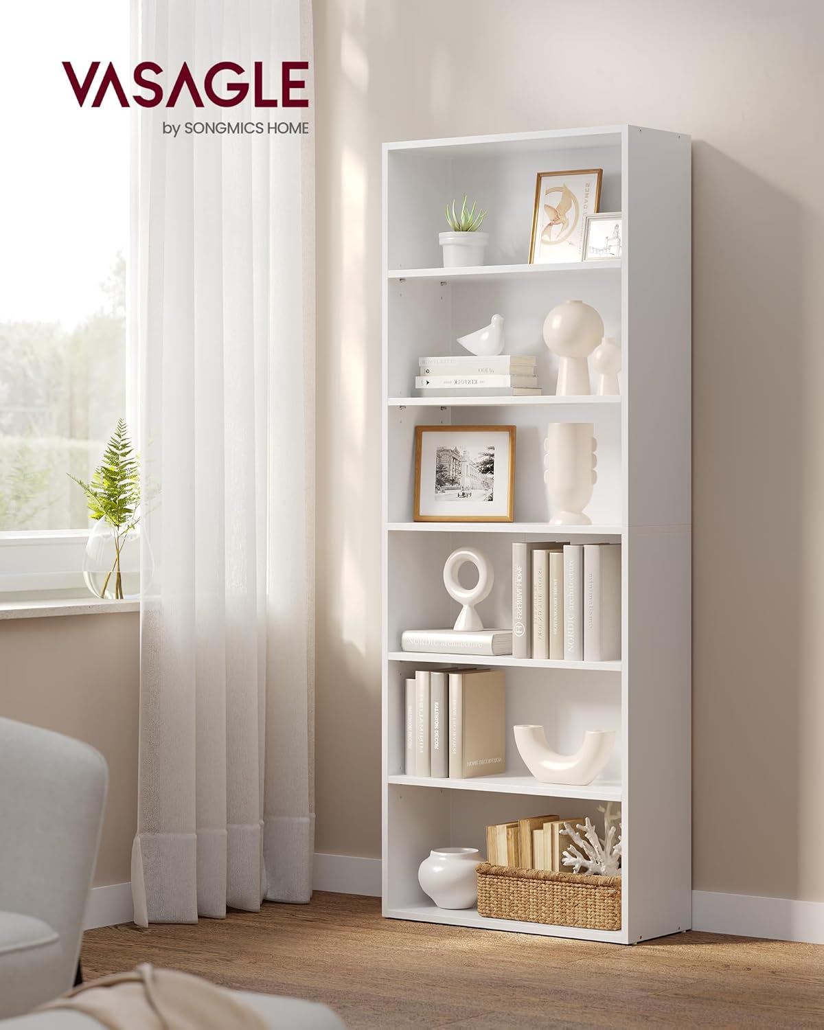 VASAGLE Bookshelf, 23.6 Inches Wide, 6-Tier Open Bookcase with Adjustable Storage Shelves, Floor Standing Unit, Cloud White ULBC166T14