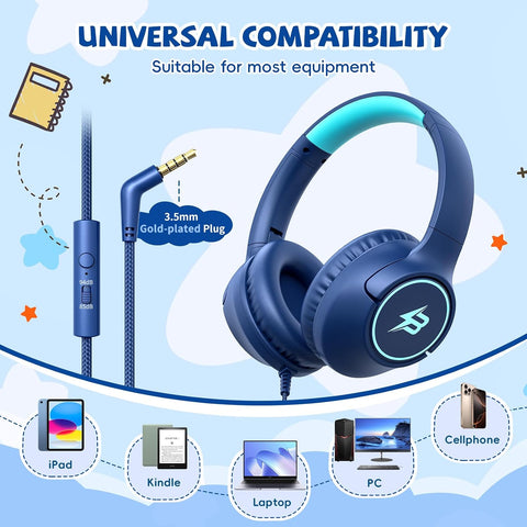 Kids Headphones Wired for School, 3.5mm Safe Volume Limited with Mic, Navy