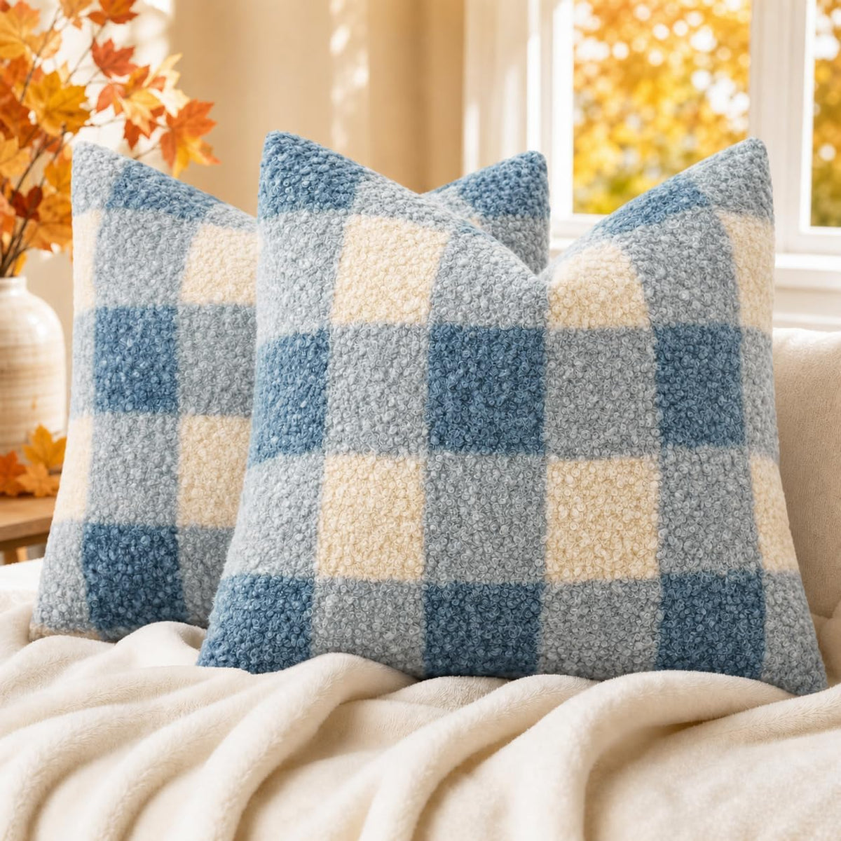 decorUhome Faux Fur Plaid Throw Pillow Covers 18X18 Set of 2 Dusty Blue