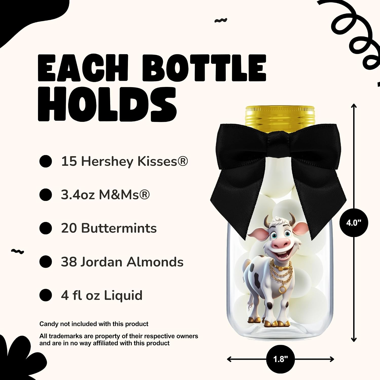 Ethisa Small 12 Pack Cow Party Favors - DIY Candy Jars with Ribbons and Stickers - Party Decoration Bottles for Birthday, Baby Shower - Holy Cow Print Table Centerpieces