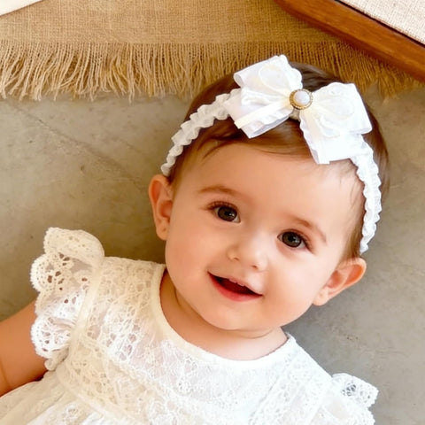 Baby Girls Headband White Bow Lace Headbands Soft Elastic Bowknot Hairbands Cute Hair Accessory for Newborn Kids Infant Toddler Baptism Birthday Party (Bow E)