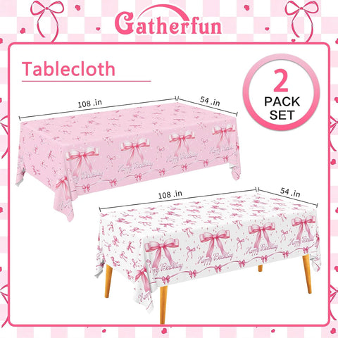 Gatherfun Pink Bow-Themed Party Supplies Set for Women: Happy Birthday & Bachelorette Decorations Combo - Includes 2 Disposable Tablecloths (54 x 108 inch) for Birthday & Tea Party Decorations