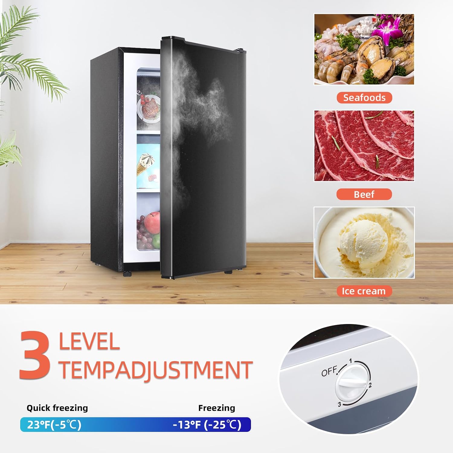 Black Upright freezer 3.5 Cu.ft, Compact Mini Freezer with Stainless Steel Reversible Door, 3 Adjustable Thermostat(23°F to -13°F), Quiet Stand Up Freezer for Apartment/Bedroom