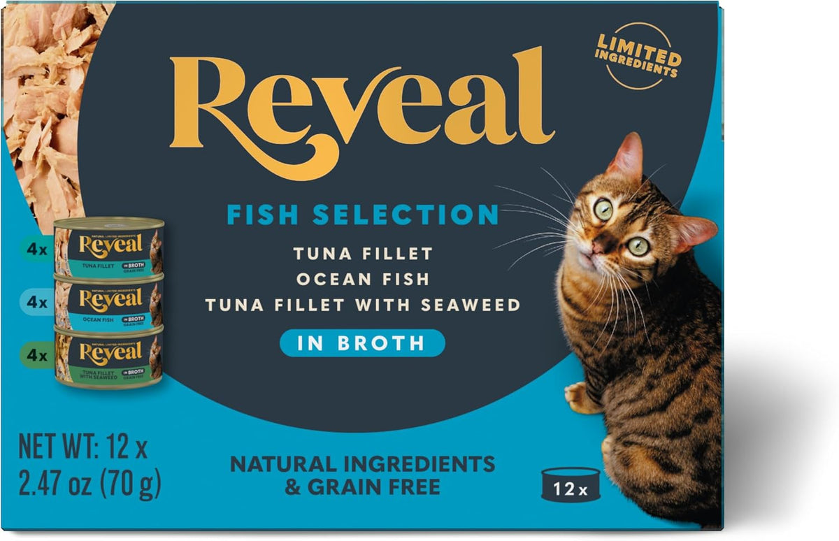 Reveal Fish Variety in Broth Wet Cat Food, 3-Flavor 12-Pack 2.47 oz Cans
