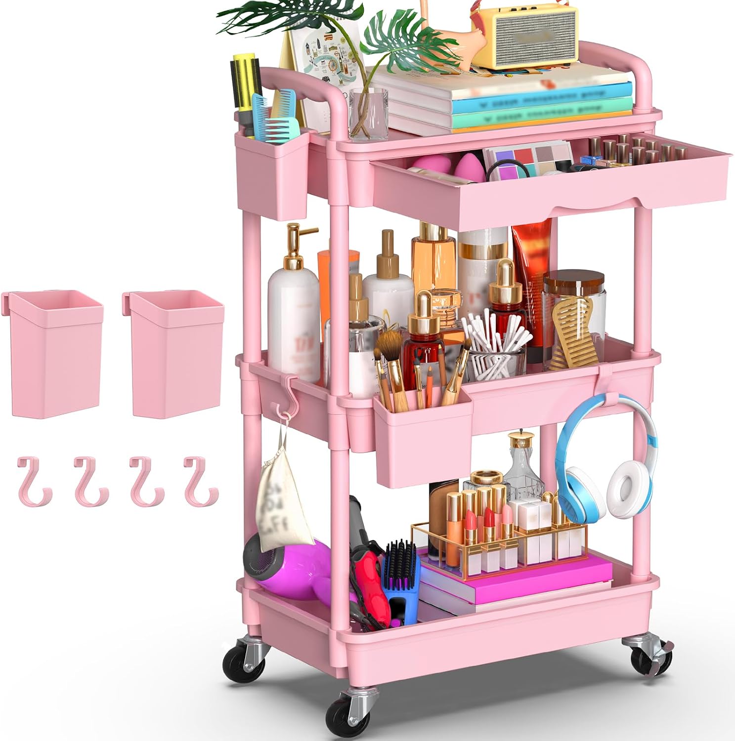 Goovilla 3 Tier Rolling Utility Cart Organizer with Removable Drawer, Pink