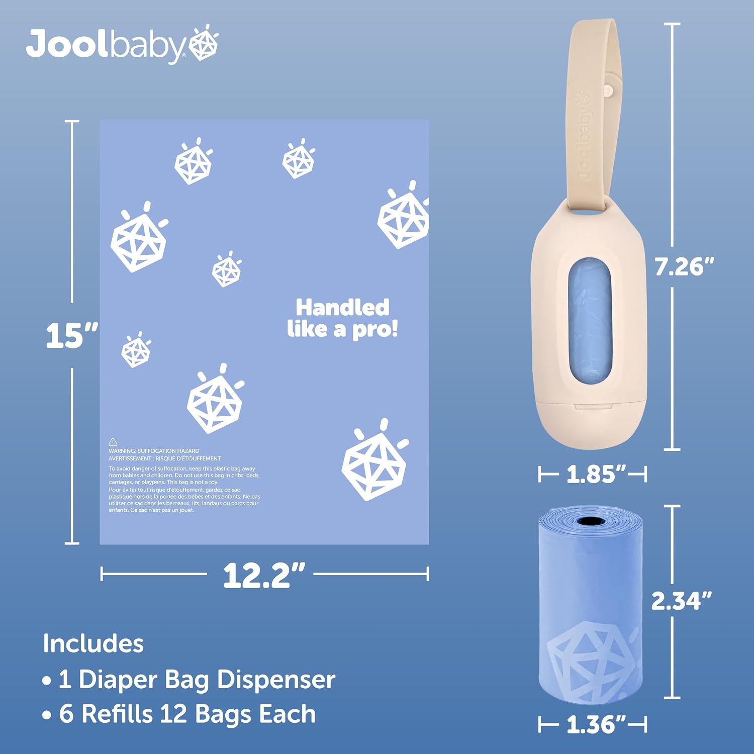 Jool Baby Disposable Diaper Bag Dispenser (Oatmeal) + 6 Refill Rolls (Lavender-Scented) - Attaches to Stroller or Diaper Bag for On-the-Go Convenience