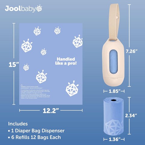Jool Baby Disposable Diaper Bag Dispenser (Oatmeal) + 6 Refill Rolls (Lavender-Scented) - Attaches to Stroller or Diaper Bag for On-the-Go Convenience