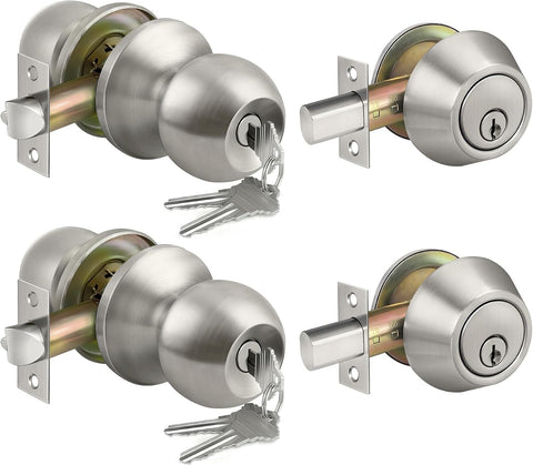 BESTTEN 2 Pack All Keyed Same Exterior Door Knob with Key Lock and Deadbolt, for Entrance and Front Door, Satin Nickel