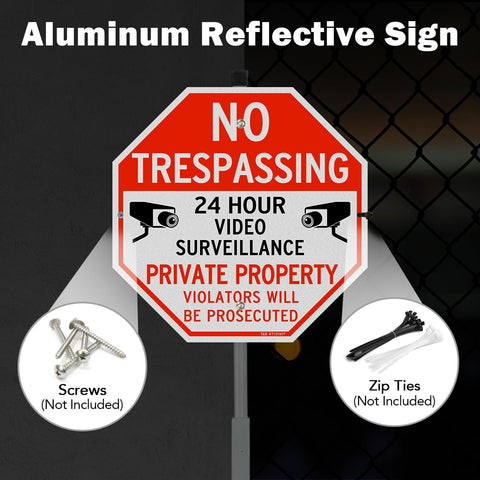 T&R Large No Trespassing Private Property Sign Video Surveillance Sign with 36" Stake for Outside - 4 Pack - 12"x12" .040 Rust Free Heavy Aluminum, Reflective, Waterproof, Weatherproof, 4 pre-drilled holes,Includes Matching Screws & Wrench, Easy to Mount