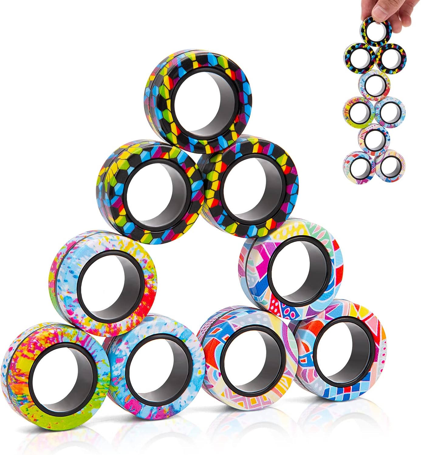 9Pcs Magnetic Rings Fidget Toys Adult Set, Idea ADHD Fidget Stress Toy Pack,Fidget Spinner Rings for Anxiety Relief Therapy Toys for Boy and Girl Ages 8-13,Teens Gift Easter Basket Stuffers