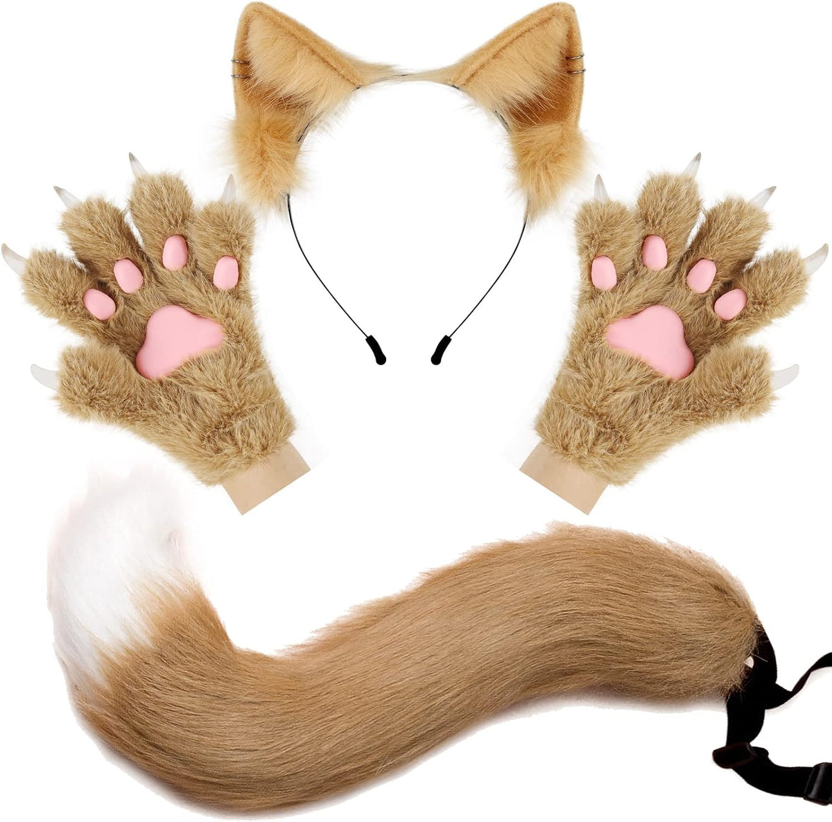 HAOAN Wolf Fox Tail Clip Ears and Gloves Set Halloween Christmas Party Costume for Women