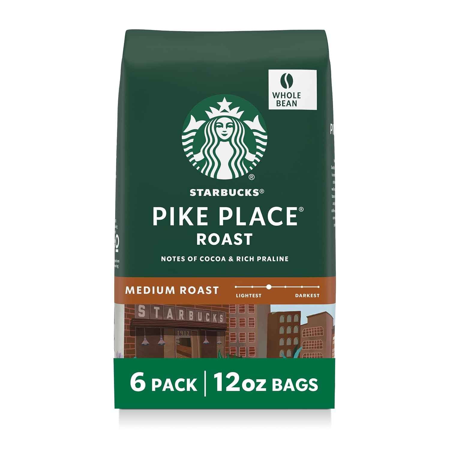 Starbucks Whole Coffee Beans, Medium Roast Hot or Iced Coffee, Pike Place Roast, Six 12 oz Bags | 100% Arabica whole bean coffee; Medium Roast Pike Place Roast; 6 bags, 12 oz each (72 oz total)