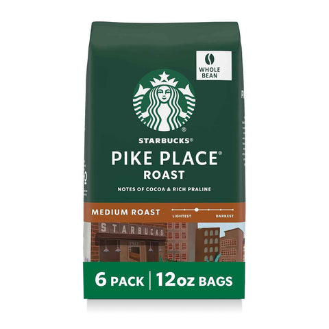 Starbucks Whole Coffee Beans, Medium Roast Hot or Iced Coffee, Pike Place Roast, Six 12 oz Bags | 100% Arabica whole bean coffee; Medium Roast Pike Place Roast; 6 bags, 12 oz each (72 oz total)