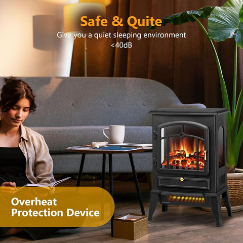 Xbeauty 22" Indoor Electric Fireplace Stove, Freestanding Fireplace Heater with Adjustable 3D Flame Brightness, Thermostat Control & Overheat Protection, 1000W/1500W