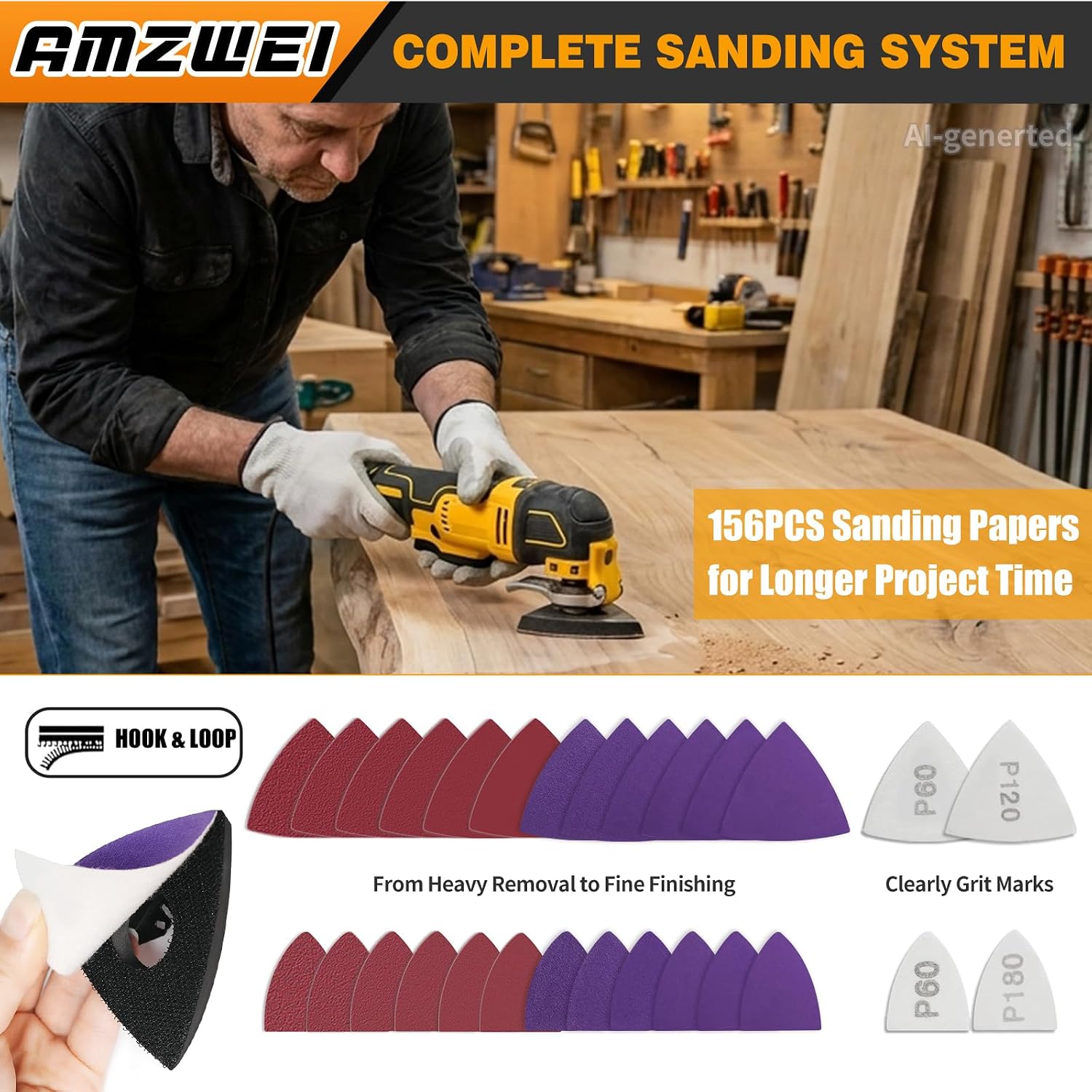 AMZWEI 190 Metal Wood Oscillating Tool Blade, Titanium Oscillating Saw Blades with Sandpaper, Quick Release Multi Tool Blades Kits Compatible with Dewalt Ryobi Milwaukee Rockwell Fein Makita
