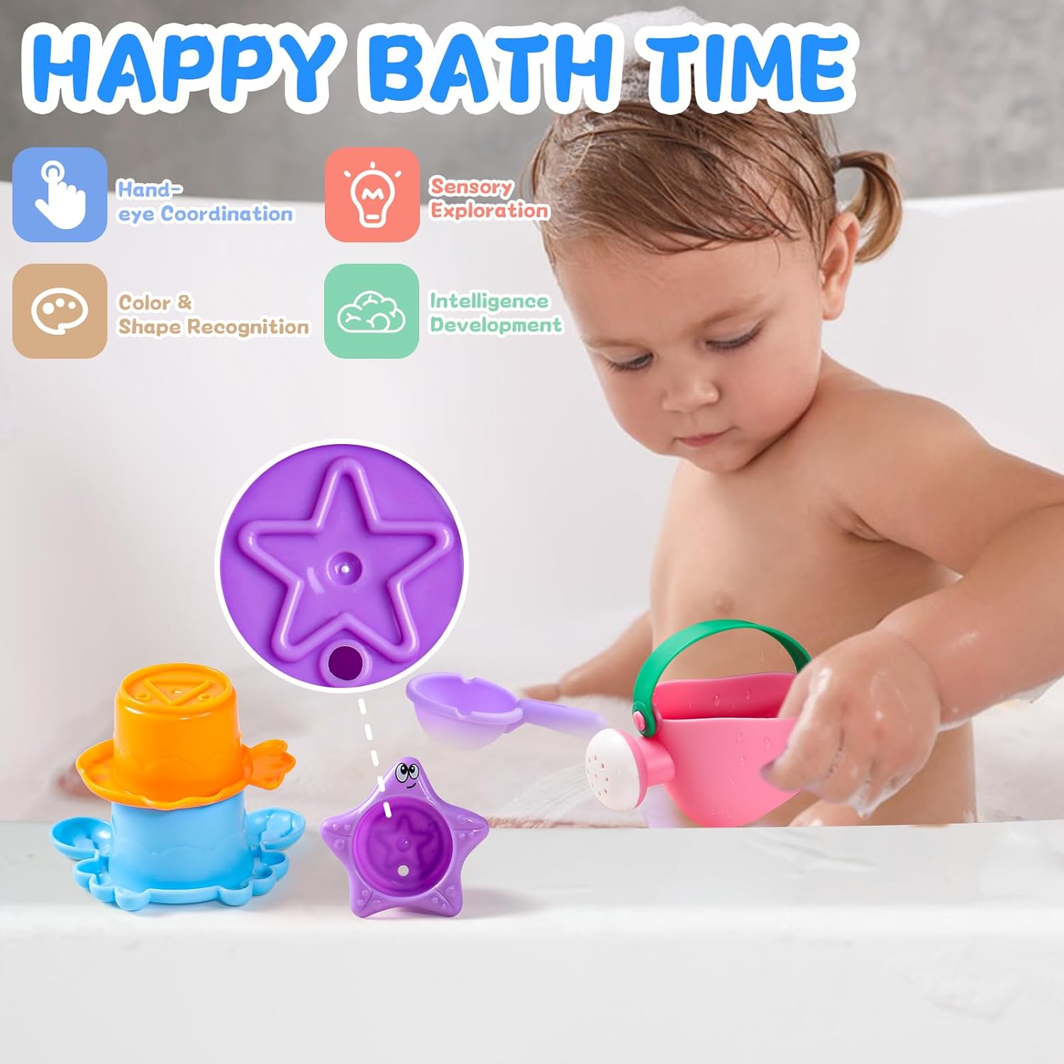 Fajiabao Toddler Bath Toys for Kids Ages 1-3 Stack, Scoop & Pour Set 5PCS