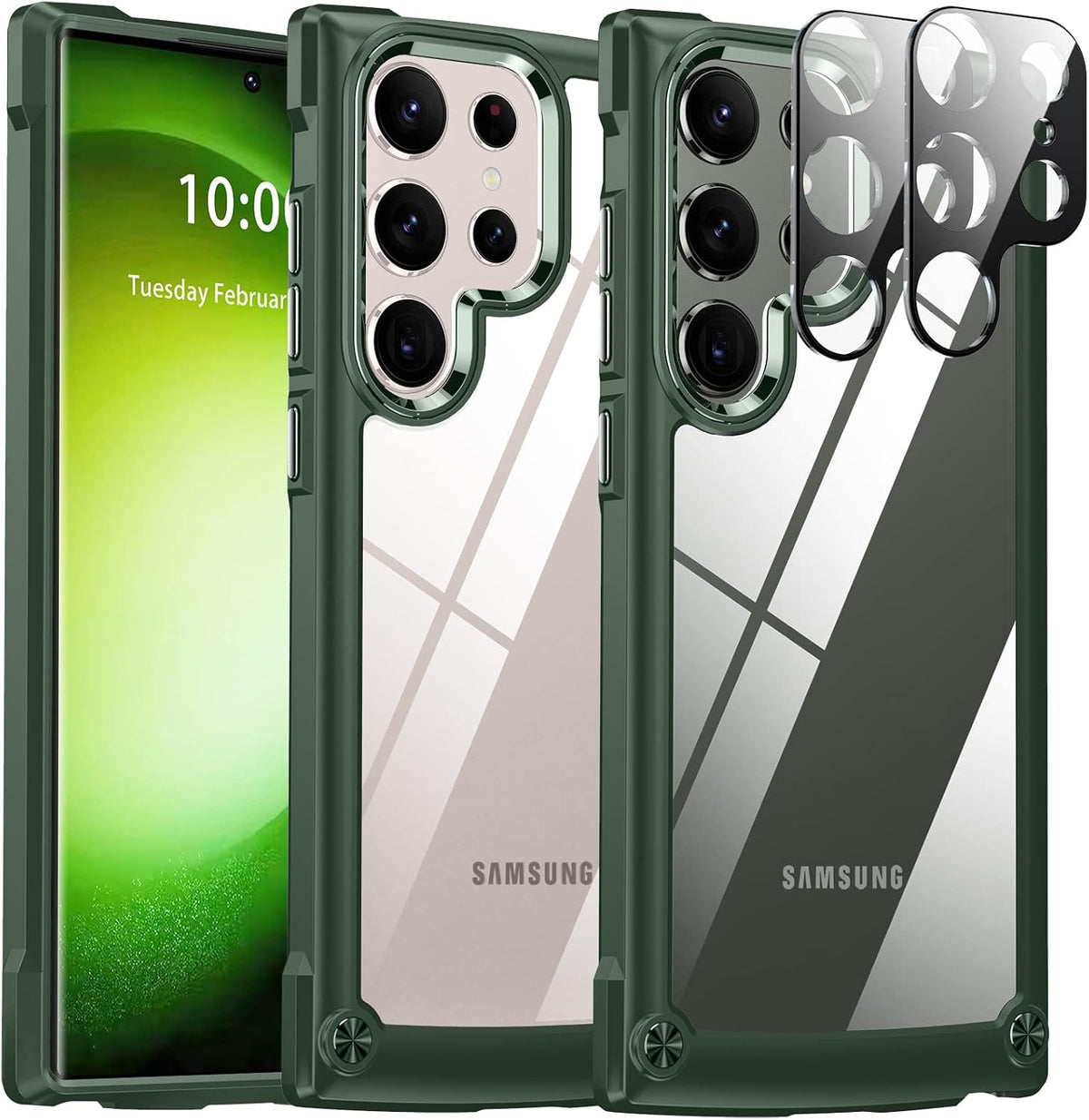 Oterkin for Samsung Galaxy S23 Ultra Case,10 FT Military Shockproof Phone Case with 2 X 9H Camera Lens Protectors Scratch-Resistant Crystal Clear Case-Green