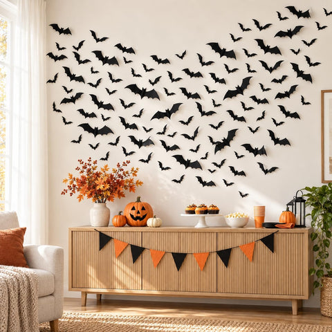 Cleangor 140 PCS Halloween Bat Decorations, 3D Wall Decor, 5 Sizes, Indoor