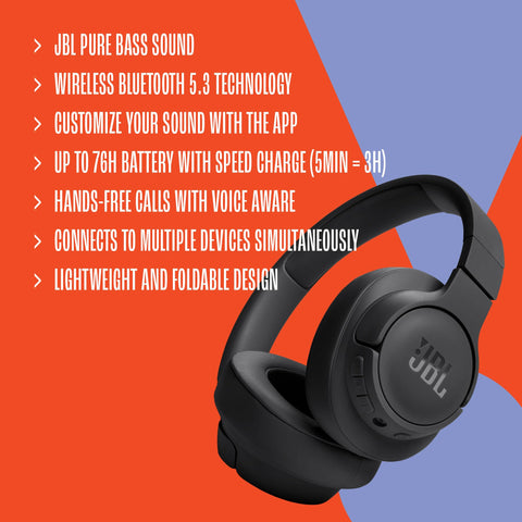 JBL Tune 720BT - Wireless Over-Ear Headphones with JBL Pure Bass Sound, Bluetooth 5.3, Up to 76H Battery Life and Speed Charge, Lightweight, Comfortable and Foldable Design (Black)