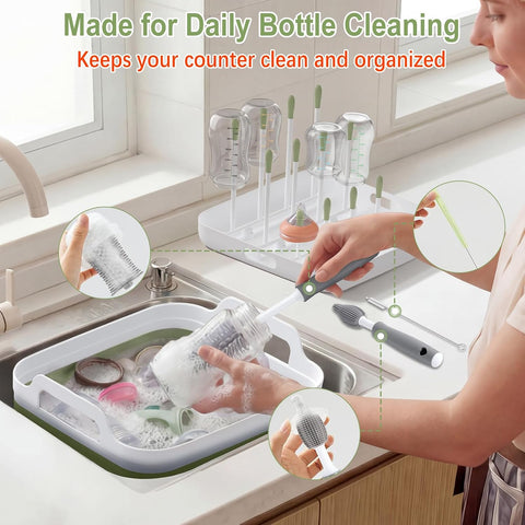 Yecuip Collapsible Baby Bottle Wash Basin w/Drying Rack & Drain Plug, Green
