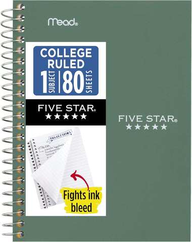 Five Star Spiral Notebook, 1 Subject, College Ruled Paper, 4-3/8" x 7", Small Size, 80 Sheets, Fights Ink Bleed, Water Resistant Cover, Seaglass Green (450048CH1-ECM)