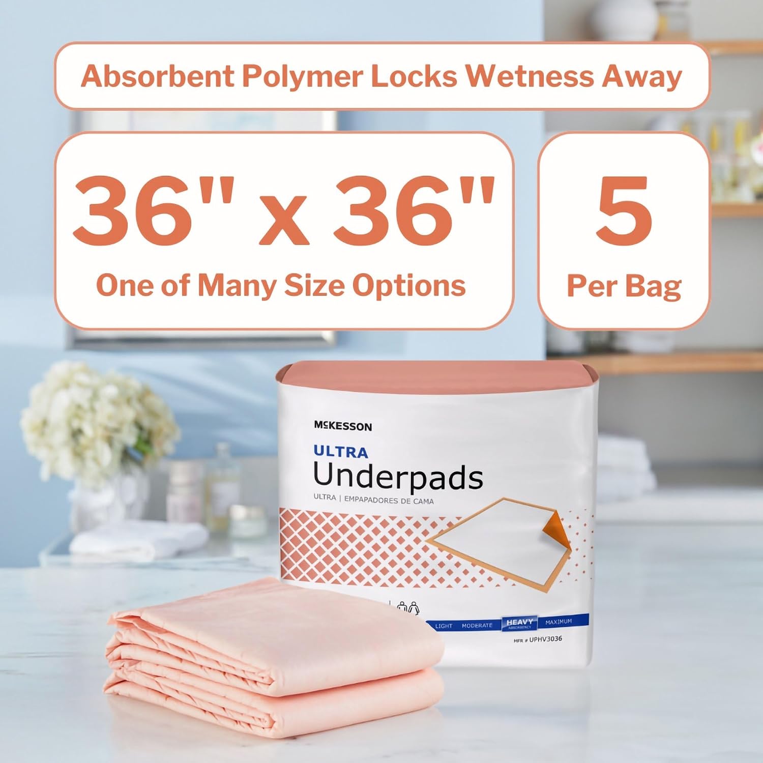 McKesson Underpads Bed Pads, Heavy Absorbency, Peach, 36 x 36 in, 100 ct