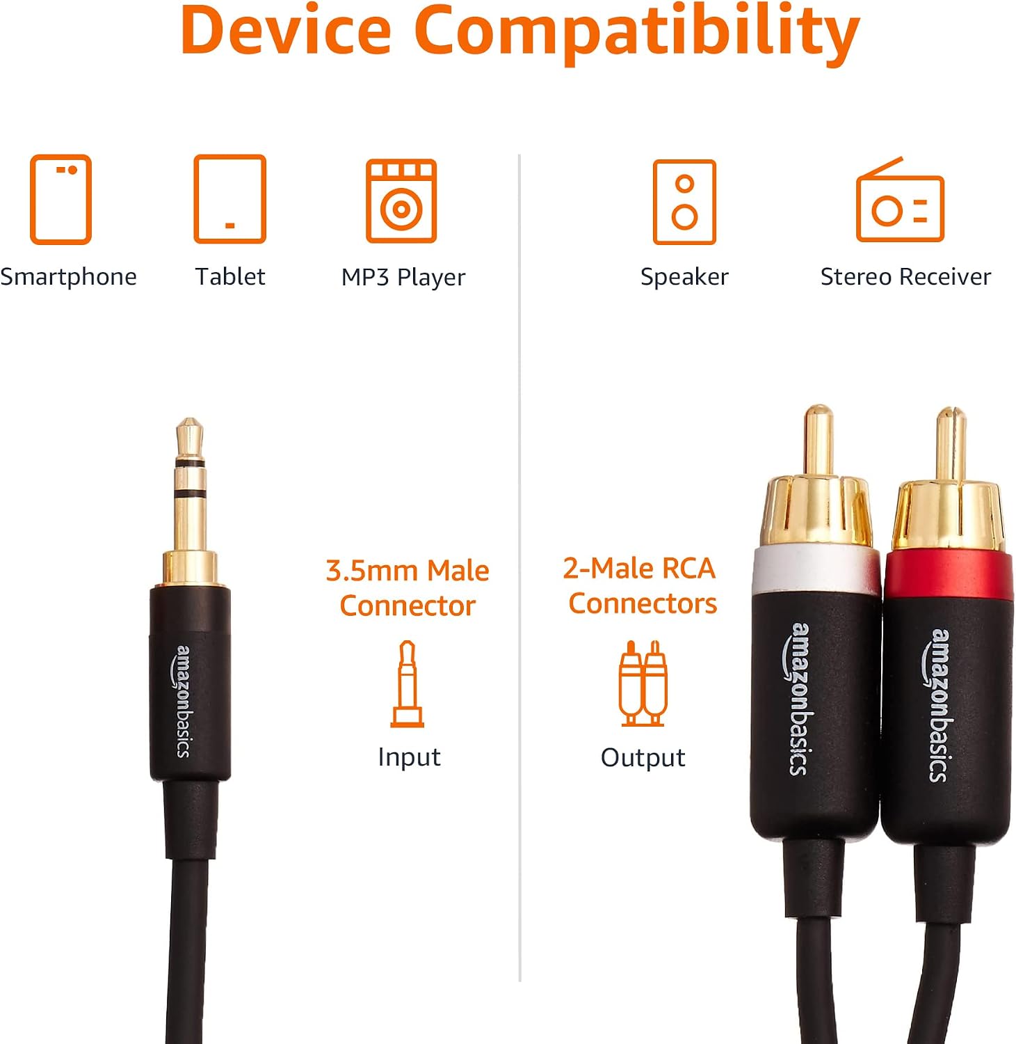Amazon Basics 3.5mm Stereo Aux to 2 RCA Audio Cable Adapter for Sound, Connecting Amplifiers, Speakers, Smartphone, Tablet with Gold-Plated Plugs, 4 Feet/1.2 m, Black