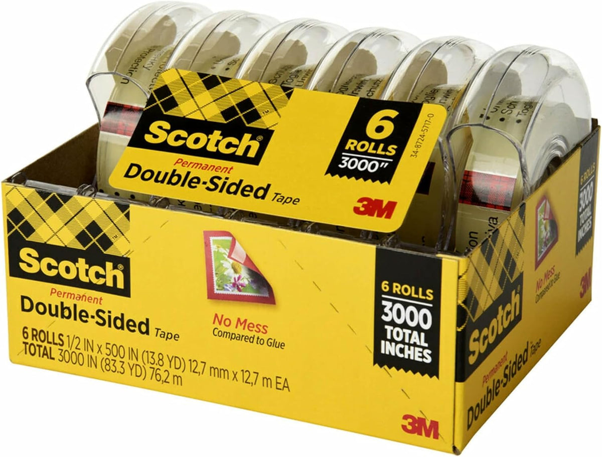 Scotch Double Sided Tape, 1/2 in x 500 in, 6 Dispensered Rolls (Pack of 16, 96 Count Total)