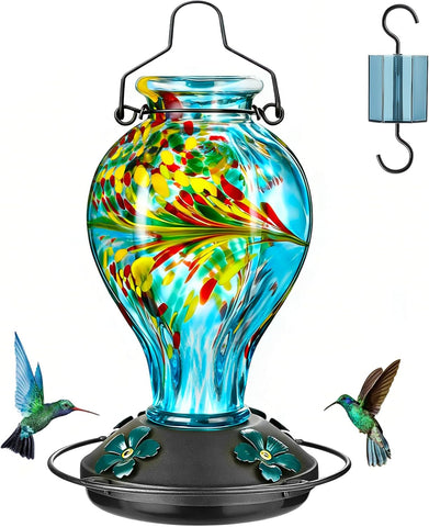 Hand Blown Glass Hummingbird Feeders for Outdoors Hanging, 24oz Wild Bird Nectar Feeder with Ant Moat and Perch, Bee-Resistant Ports, Garden Decor, Gifts for Women Mom, 1 Pack, Blue Phoenix