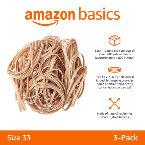 Amazon Basics Rubber Bands, Size 33 (3-1/2 x 1/8 Inch), 600 Bands/1 lb Pack, 3-Pack, Tan