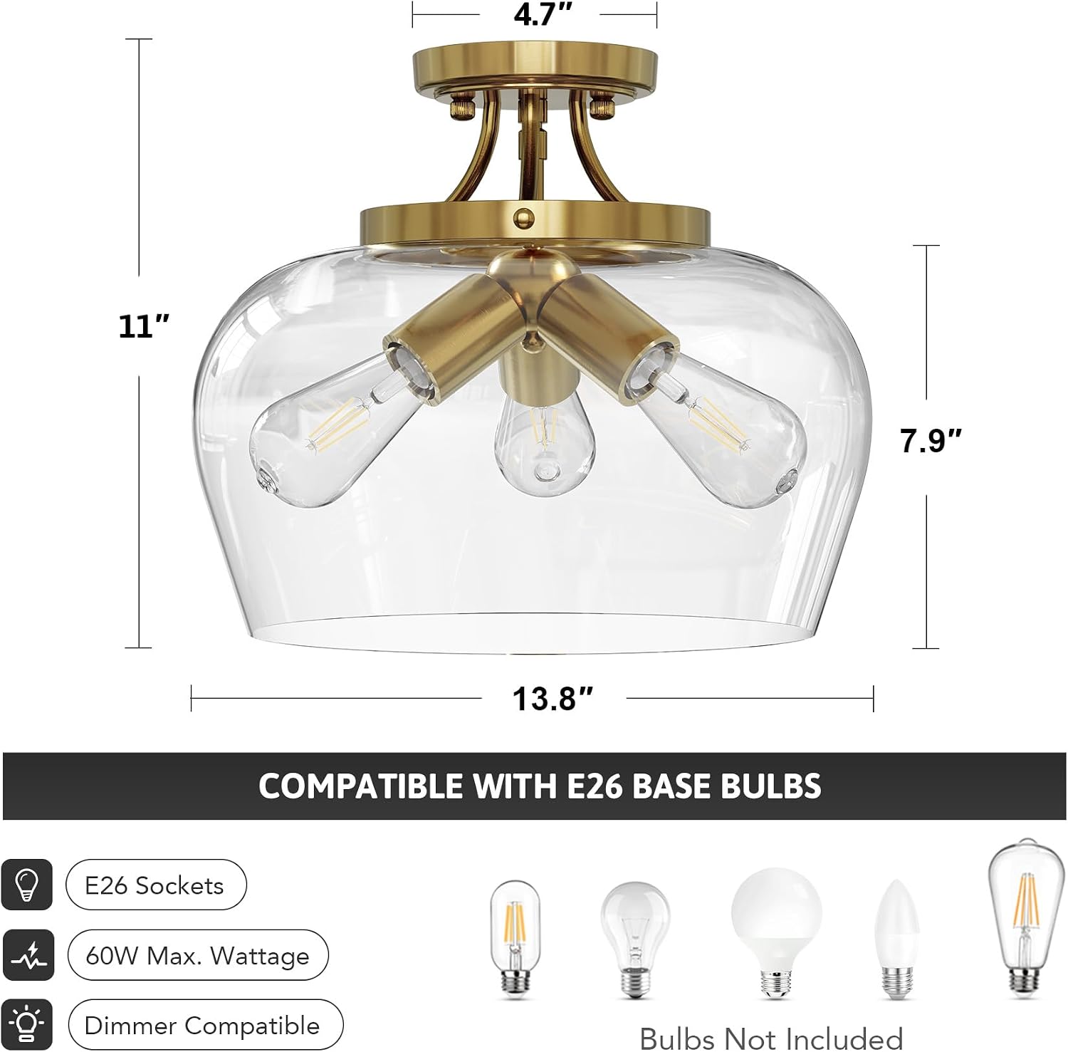 VONLUCE Semi Flush Mount Ceiling Light, Clear Glass Shade Light Fixture