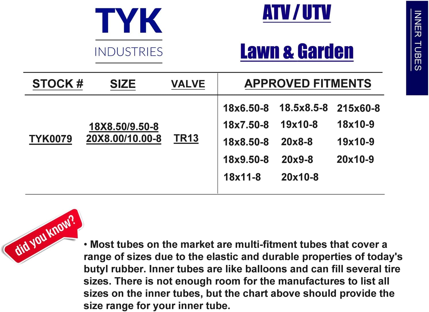Two 20x8.00-8, 20x10-8, 20x8-8, 20x10.00-8 Golf Cart, Lawn Mower Tire Inner Tubes with TR13 Short Rubber Valve Stems by TYK Industries