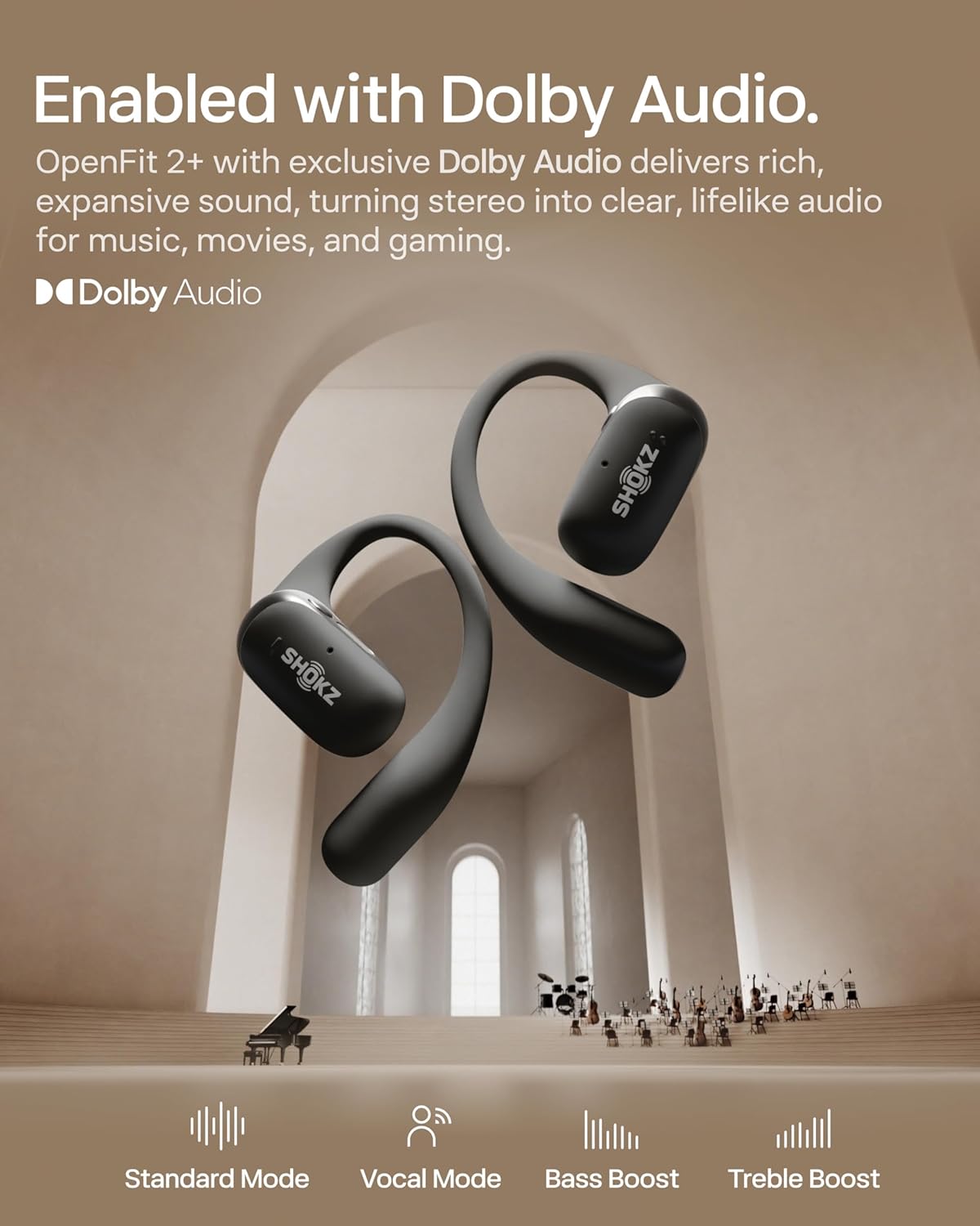 SHOKZ OpenFit 2+ Open-Ear Earbuds, Black, Dolby Audio,Wireless Charging
