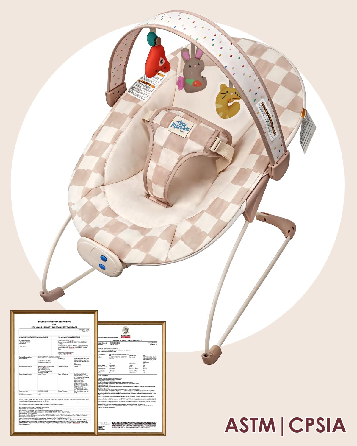 Tiny Marvels Baby Bouncer, Baby Bouncer Seat with Music for 0-6M, 20lbs