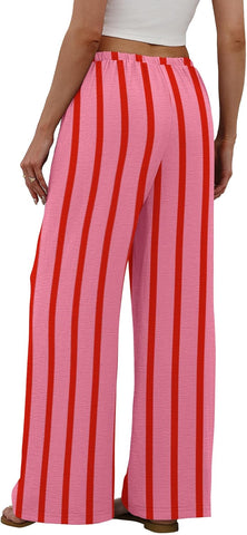 Sampeel Wide Leg Pants for Women Flowy Palazzo Drawstring Elastic Waist Trousers with Pockets Summer Beach Vacation Clothes