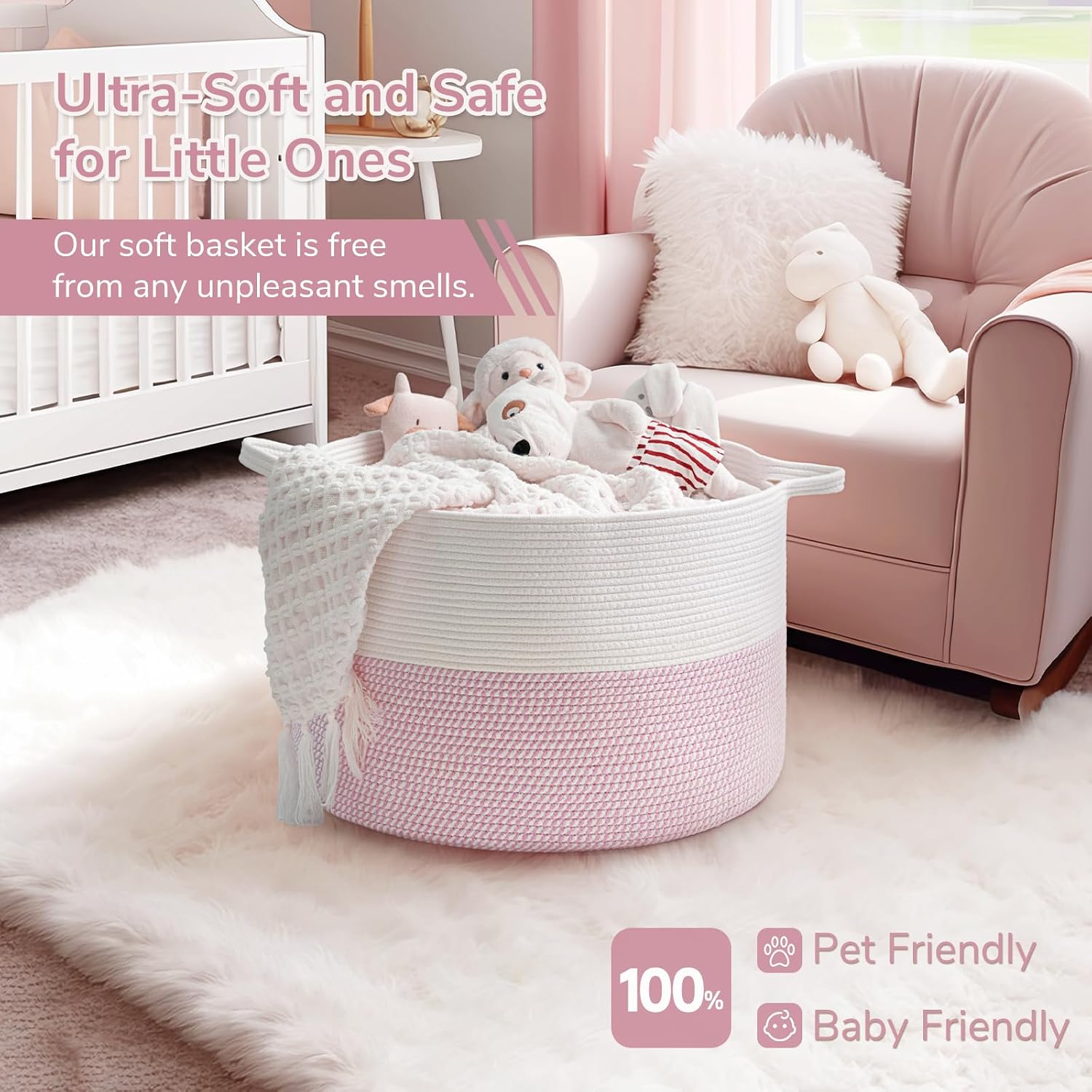 INDRESSME XXXLarge Woven Rope Blanket Basket Living Room Pink, 90L