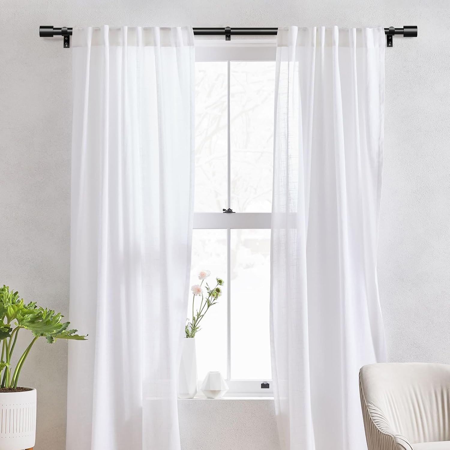 IFELS Heavy Duty Curtain Rods for Windows 48 to 84 Inch, 1 Inch Black Curtain Rods for Outdoor, Farmhouse, Bedroom, Kitchen, Living Room, Adjustable Easy Install Drapery Rod (A2,Black,30"-90")