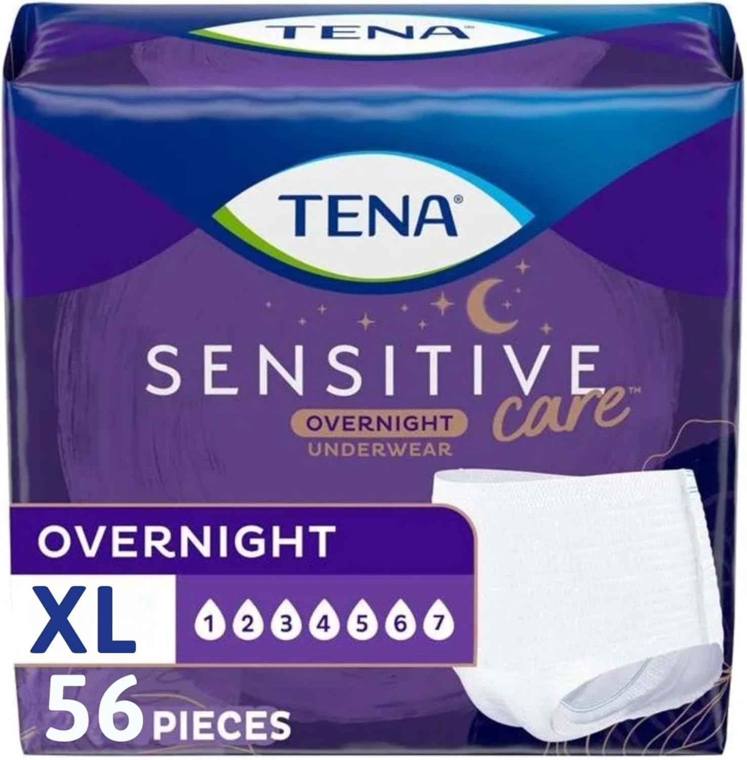 TENA Sensitive Care Overnight Incontinence Underwear Women, XL 39-52in 56ct | Designed to maximum absorbency. This underwear is 100% breathable which helps maintain your skin's natural moisture balance
