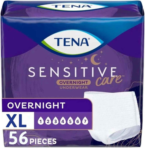 TENA Sensitive Care Overnight Incontinence Underwear Women, XL 39-52in 56ct | Designed to maximum absorbency. This underwear is 100% breathable which helps maintain your skin's natural moisture balance