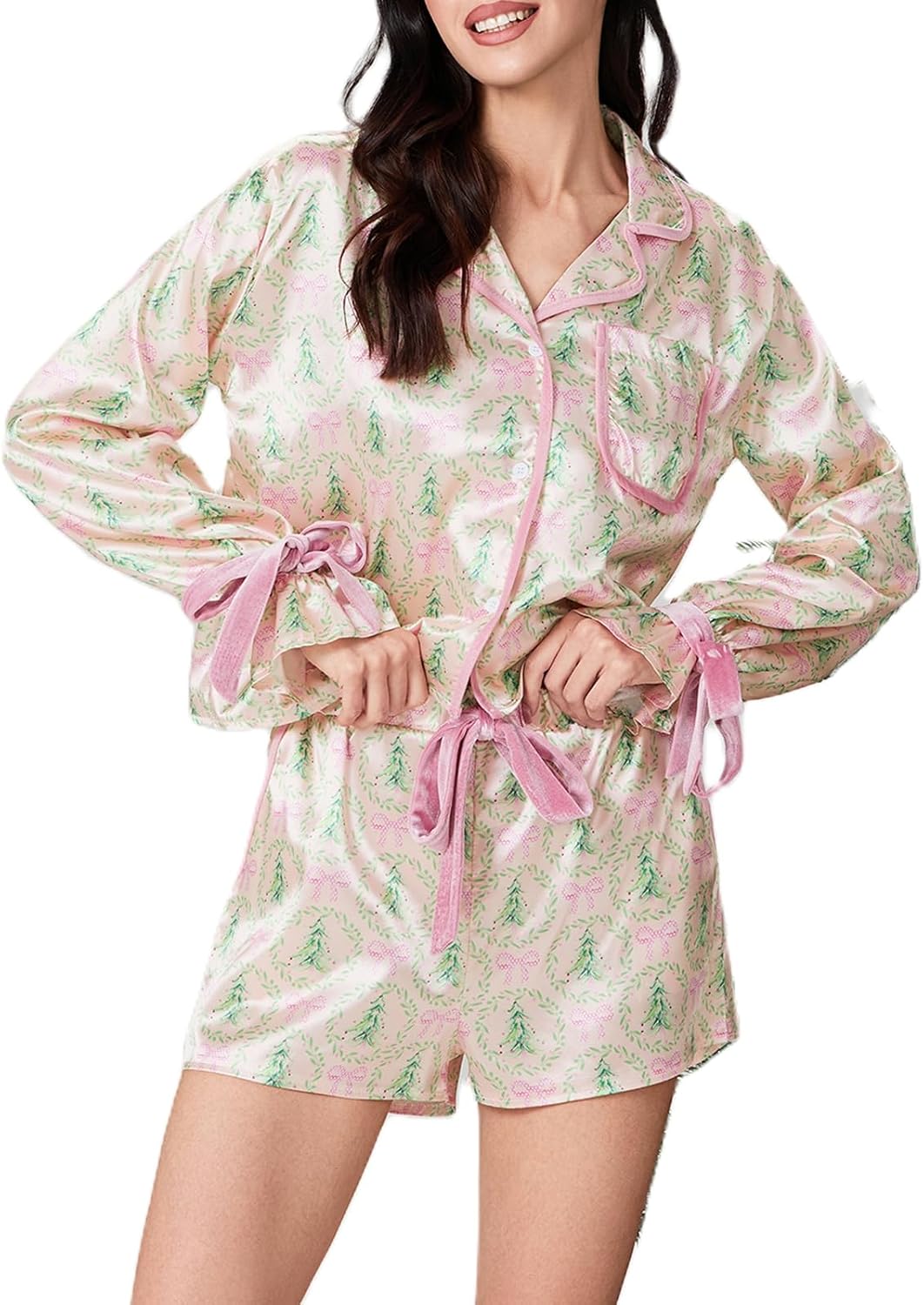 KOSUSANILL Christmas Pajamas Set for Women Cute Santa Nutcracker Button Down Shirt Long Sleeve Shorts Pjs Set Xmas Jammies