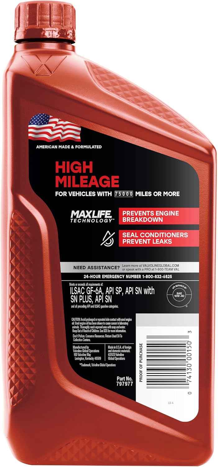 Valvoline High Mileage with MaxLife Technology 10W-40 Synthetic Blend Motor Oil 1 Quart