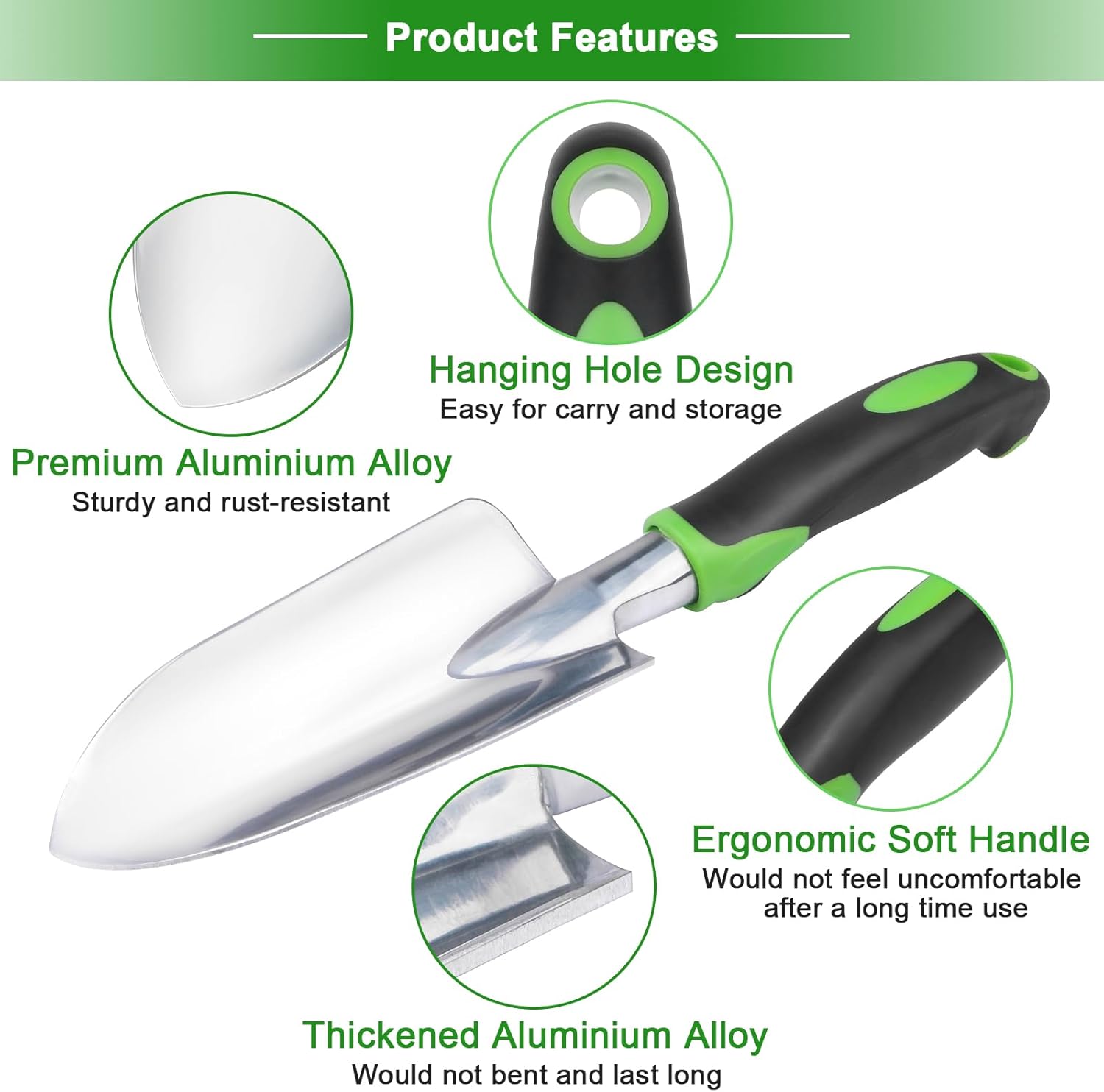 Garden Tools Set, 3 Pack Garden Shovel, Transplant Trowel, Hand Rake Green