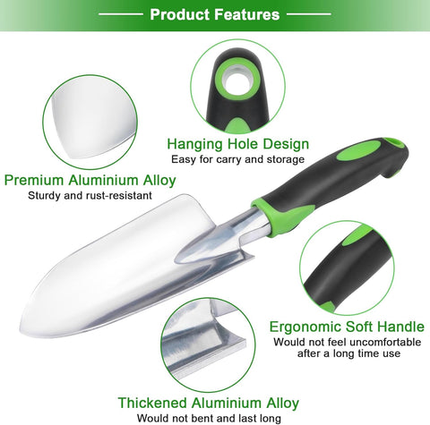 Garden Tools Set, 3 Pack Garden Shovel, Transplant Trowel, Hand Rake Green