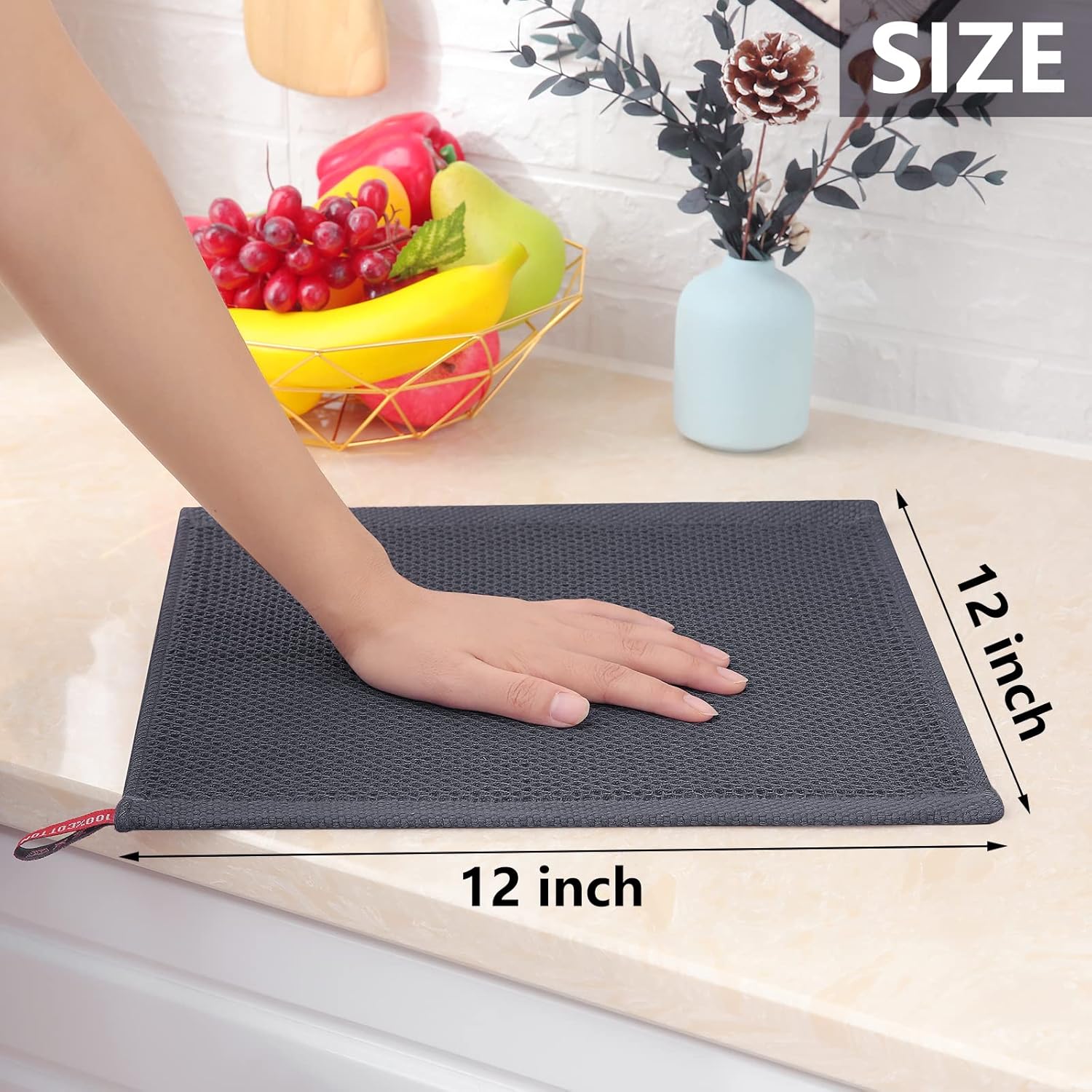 Homaxy 100% Cotton Waffle Weave Kitchen Dish Cloths 12-Pack, Dark Grey