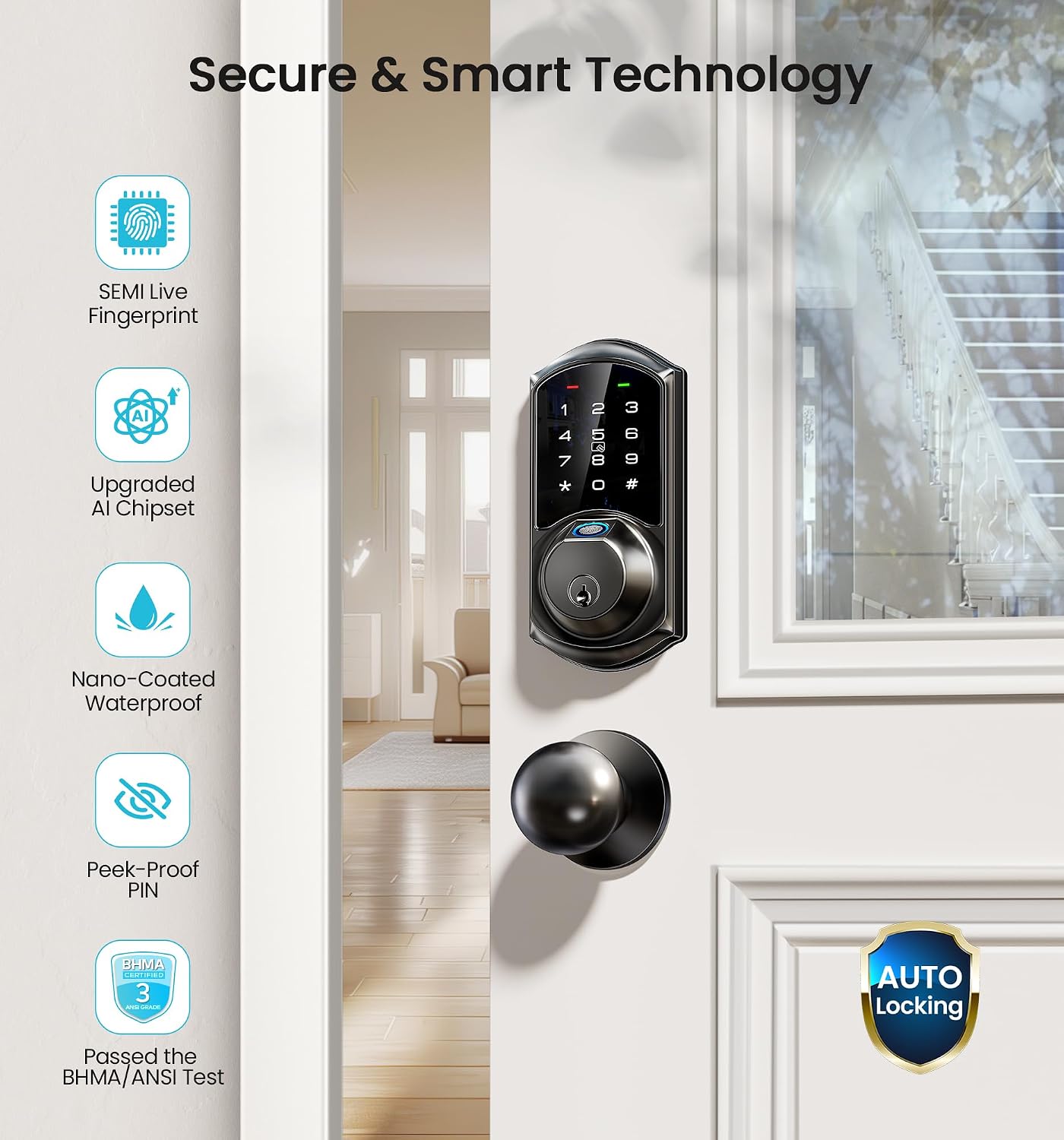 Veise VE07 Fingerprint Smart Deadbolt Lock, App Control, Fobs, Matte Black