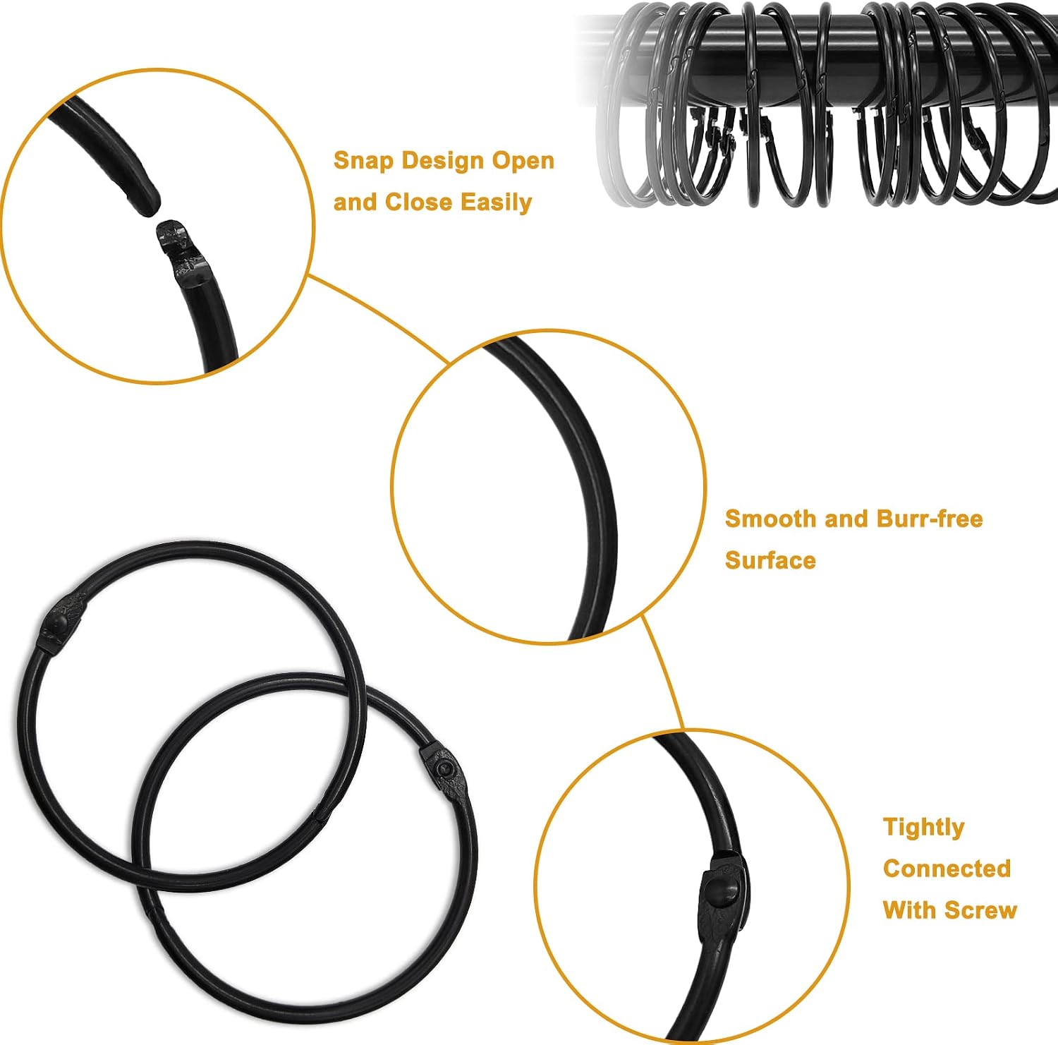 Shower Curtain Hooks Rings,12 Pcs Rustproof Metal Shower Hooks for Shower Curtain,Glide Smoothly Round Shower Rings for Curtain,Shower Curtain Rings for Bathroom Shower Rod,Snap Joint Design (Black)