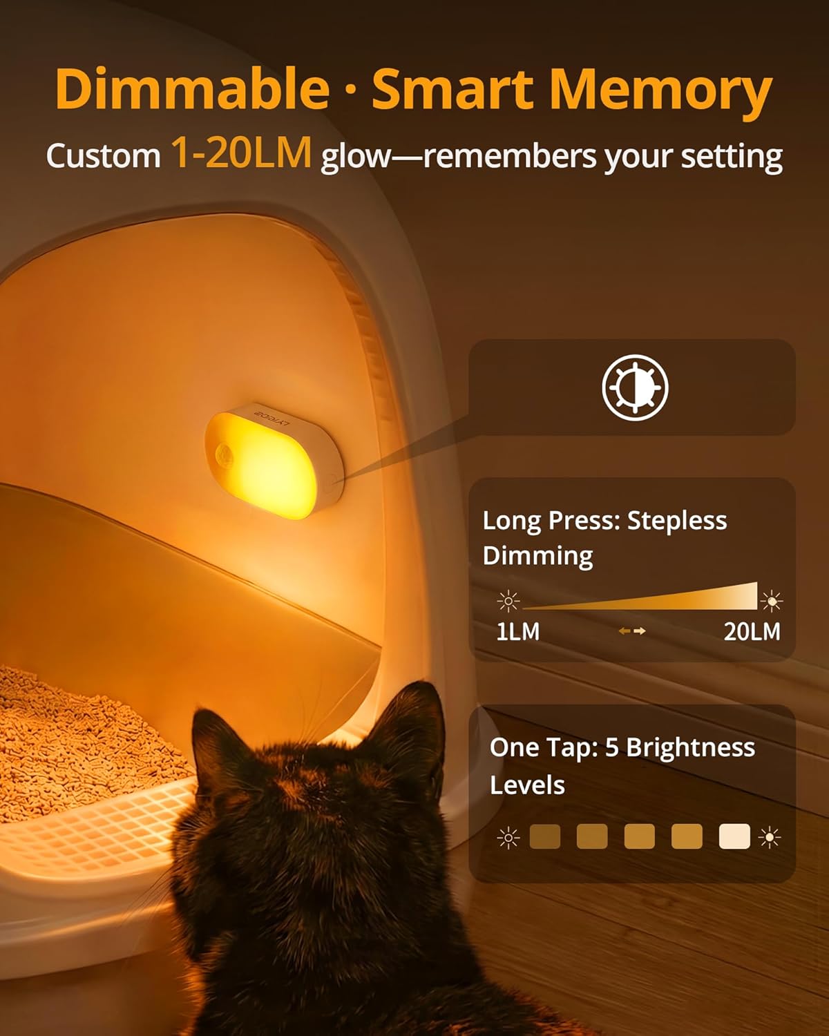 Lyridz Rechargeable Night Light with Motion Sensor, Dimmable Amber Nightlights for Bathroom, Bedroom, Kids Room, Hallway, Stairs, Pet House, 2 Pack