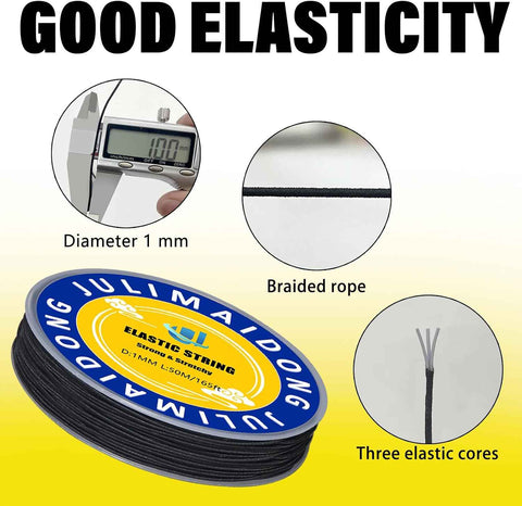 1.0mm Elastic Bracelet String Cord, Crystal Stretch Bead Cord for Bracelets Jewelry Making, Clear Stretchy Elastic String for Beading, Transparent Thread (1.0MM(Black)/165ft)