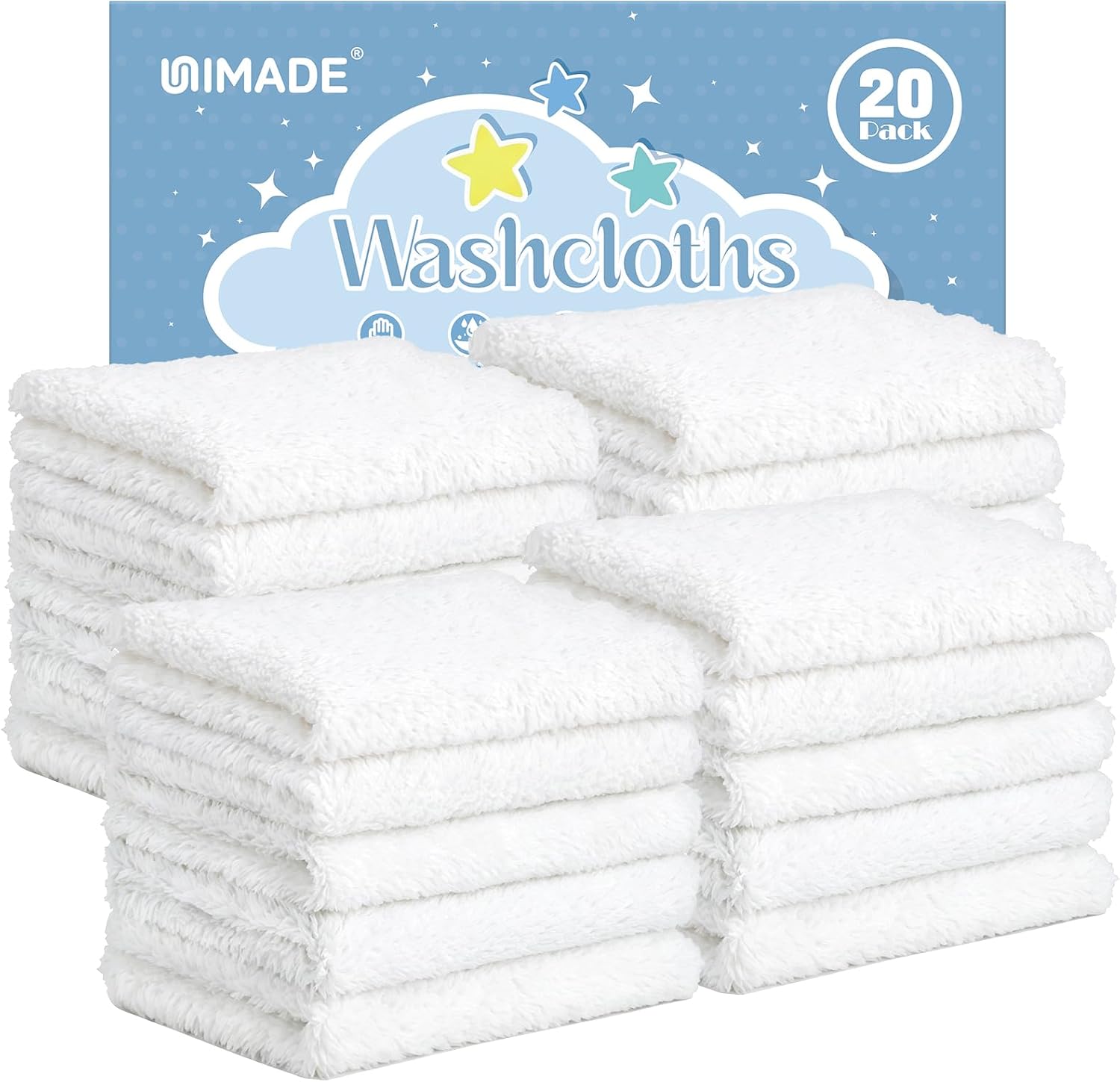 UNIMADE Baby Washcloths, 20 Pack Microfiber Coral Fleece Wash Cloths, Extra Absorbent Baby Towels for Newborns, Infants and Toddlers, Gentle on Sensitive Skin for Face and Body - 7" × 9", White