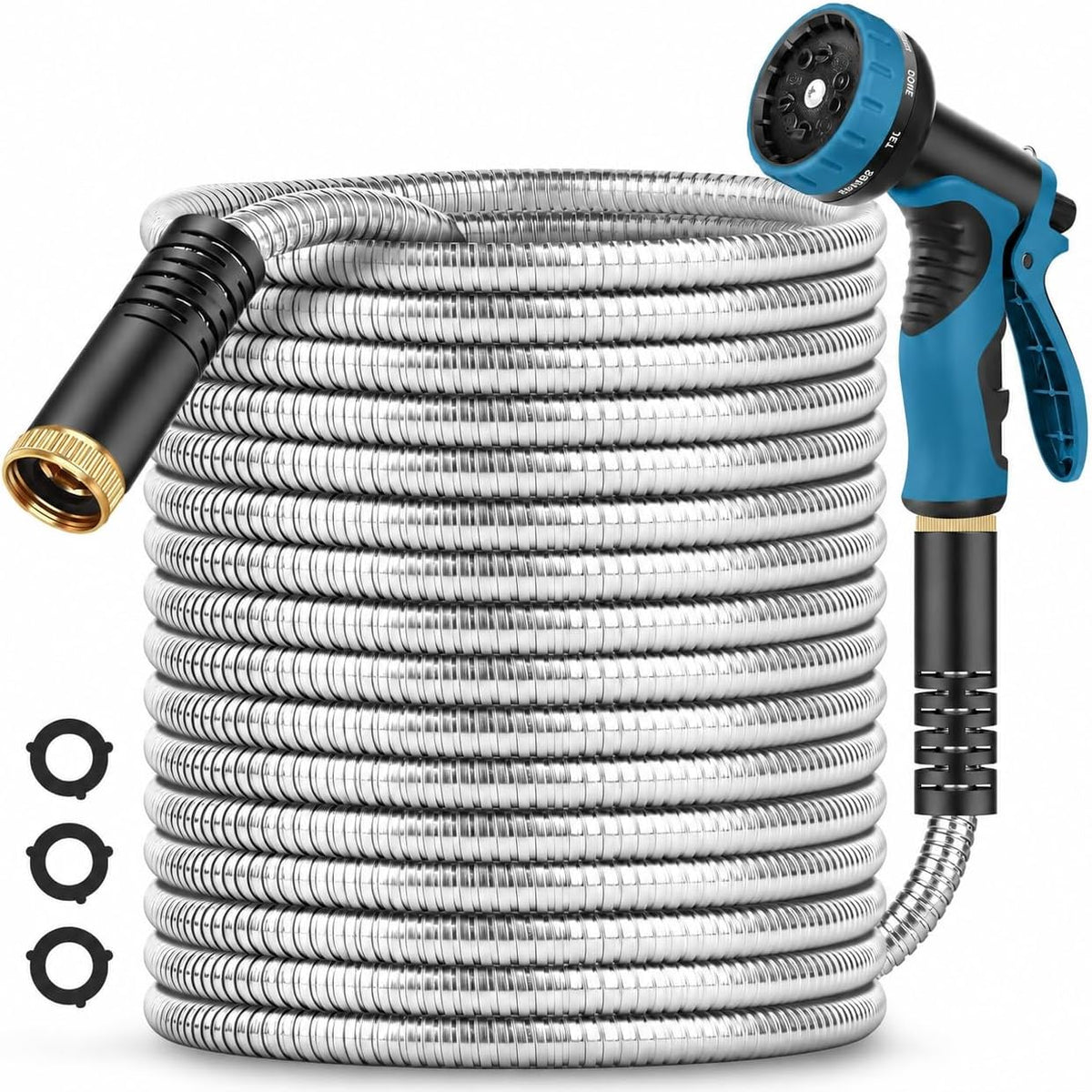 Garden Hose 100ft, Metal Water Hose, Kink-Free, Flexible Stainless Steel Hose, Heavy Duty Abrasion Resistant Leakproof Hose with 10-Function Spray Nozzle for Yard, Lawn, Outdoor, Marine and Camper